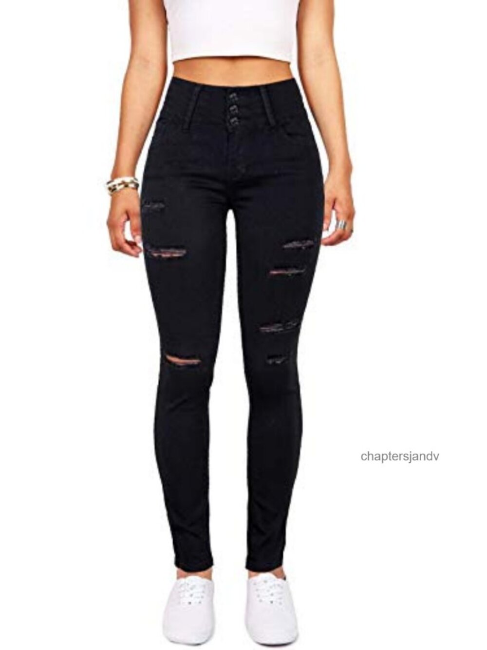 High Waist Skinny Stretchy Ripped Distressed Jeans Tummy Control